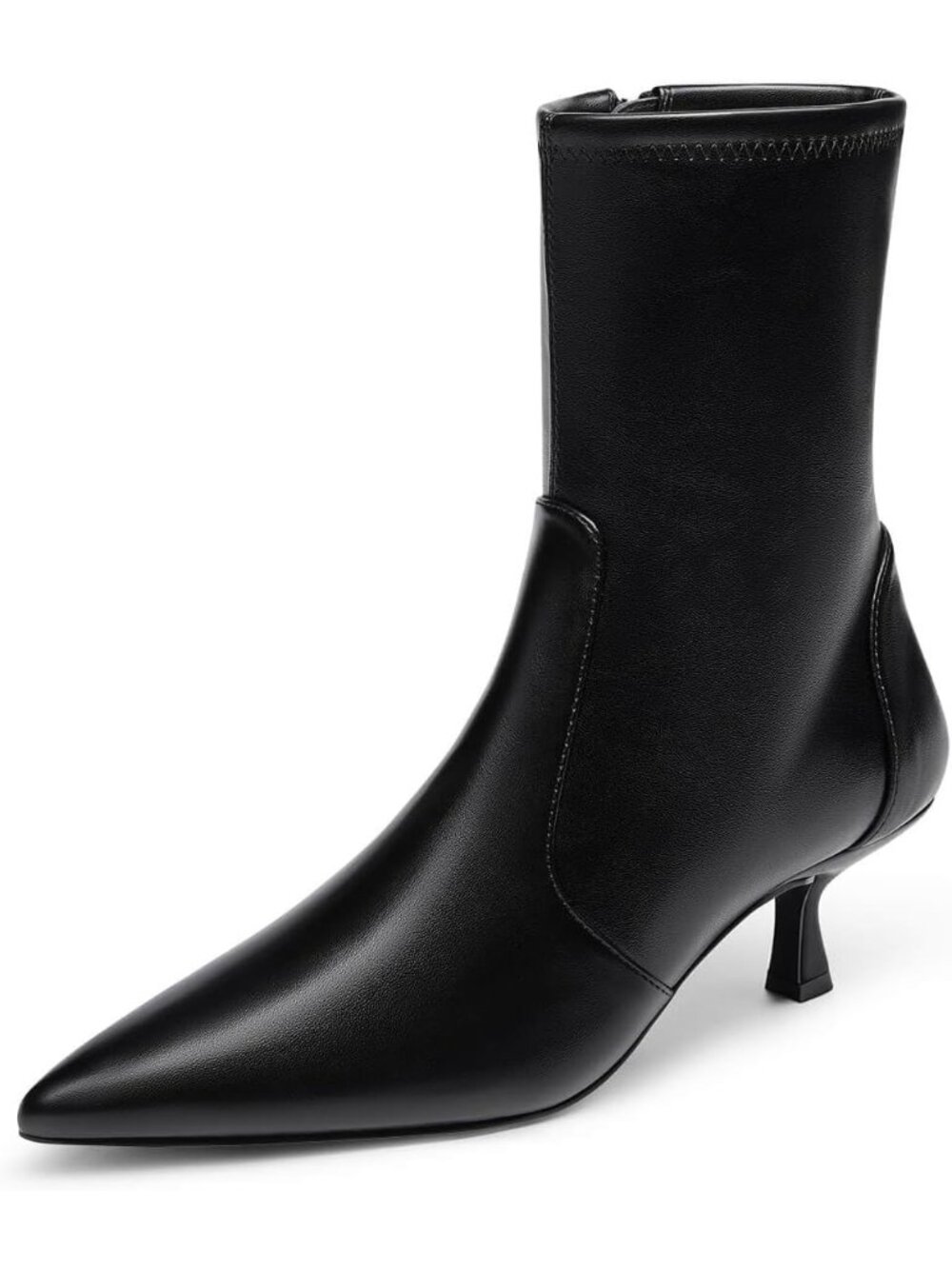 Women's Black Pu Low Kitten Heel Ankle Boot Pointed Toe Booties Side Zip Shoes